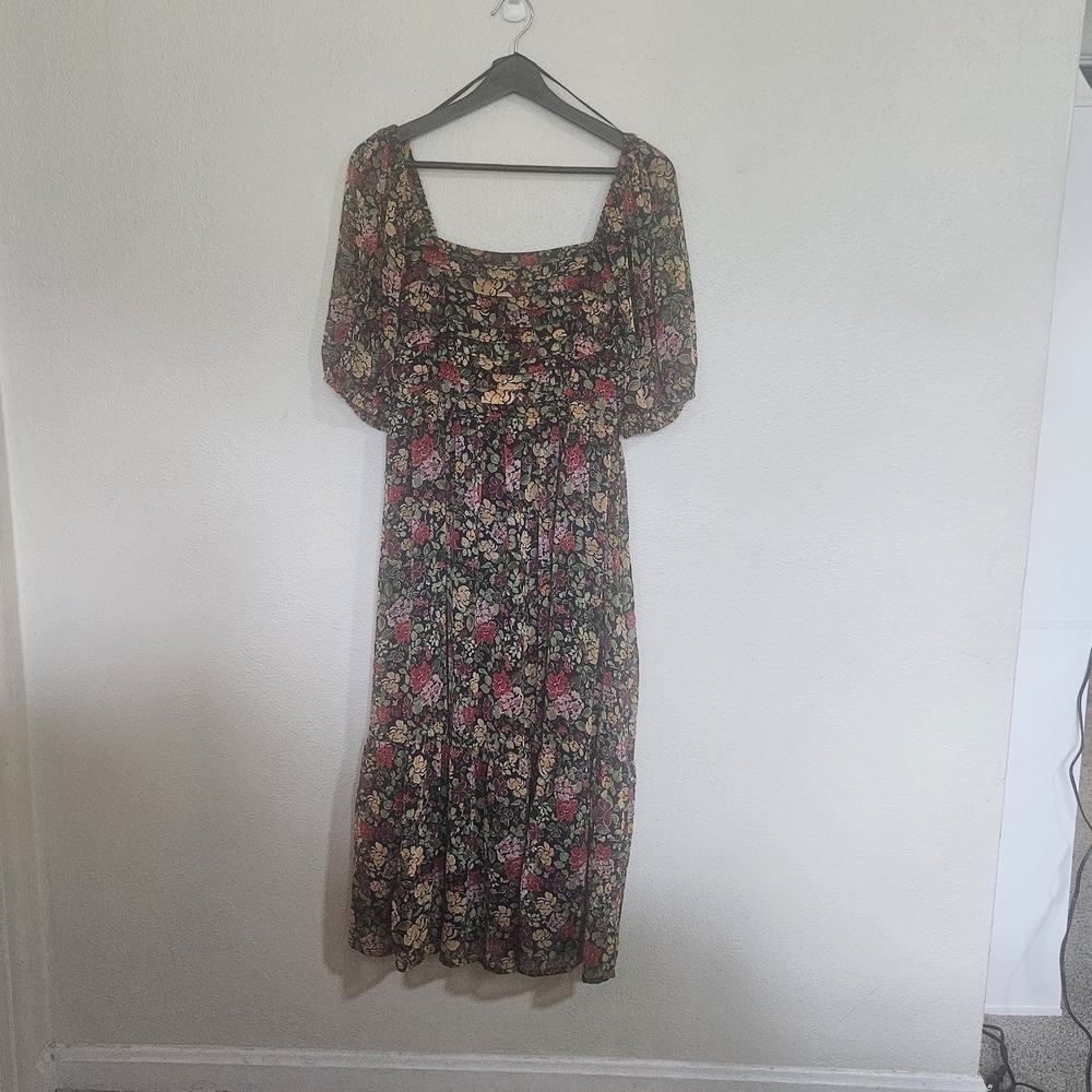 LC Lauren Conrad Floral Square Neck Smocked Midi Dress - Size Medium